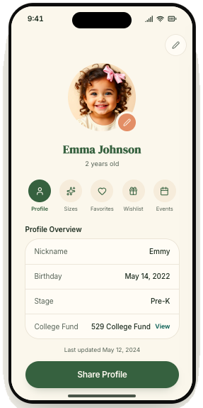 Child profile with sizes, favorites, wishlist, and events